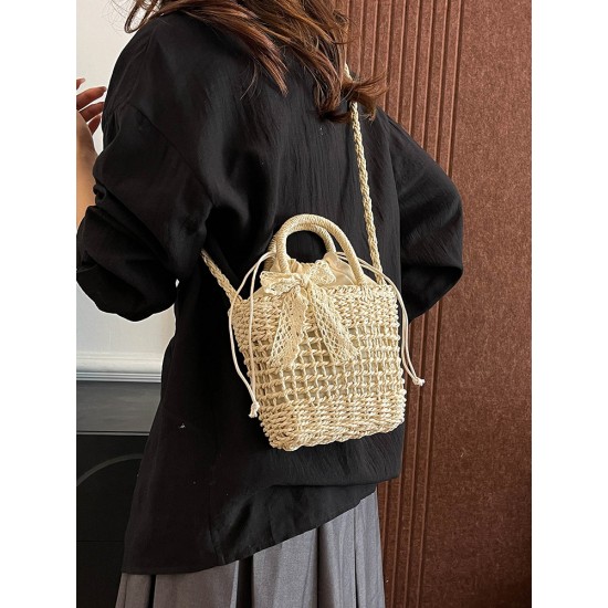 Summer new seaside vacation fashionable and versatile small square bag, simple straw woven bucket bag, single-shoulder crossbody bag