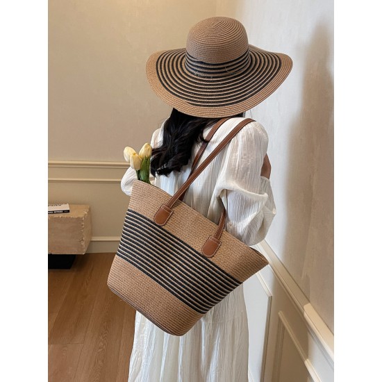 2025 new color-blocking beach resort bag, straw woven bag, large-capacity fashionable and versatile single-shoulder tote bag 2025 new color-blocking beach resort bag, straw woven bag, large-capacity fashionable and versatile single-shoulder tote bag