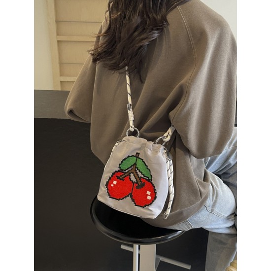 Large-capacity commuter cherry embroidery bag, women's bag, summer new single-shoulder crossbody phone bag, fashionable and versatile bucket bag