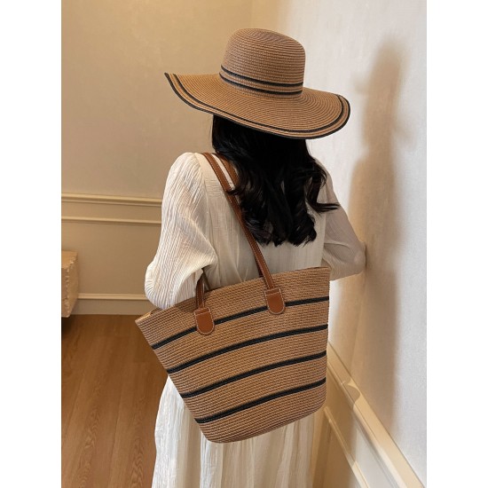 2025 new color-blocking beach resort bag, straw woven bag, large-capacity fashionable and versatile single-shoulder tote bag 2025 new color-blocking beach resort bag, straw woven bag, large-capacity fashionable and versatile single-shoulder tote bag