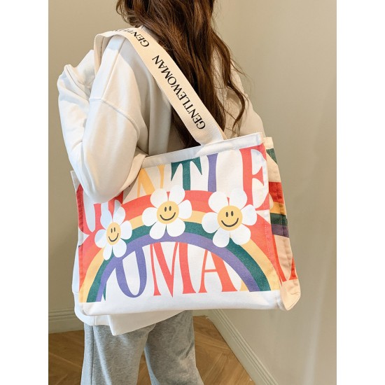 The new Gentle Woman large-capacity single-shoulder tote rainbow canvas bag is a versatile class and commuting bag for girls