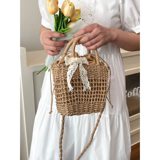 Summer new seaside vacation fashionable and versatile small square bag, simple straw woven bucket bag, single-shoulder crossbody bag
