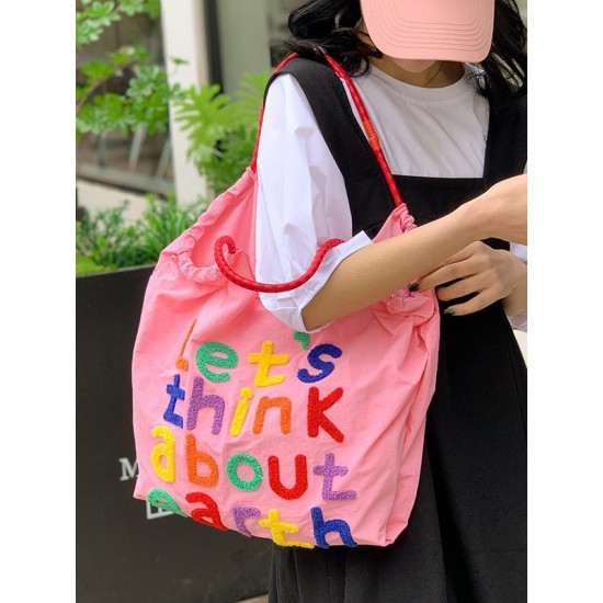 Summer 2025 new lettered towel embroidered tote bag with large capacity, fashionable and versatile commuting single-shoulder bag for women