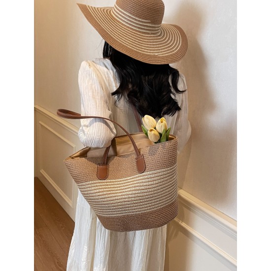 2025 new color-blocking beach resort bag, straw woven bag, large-capacity fashionable and versatile single-shoulder tote bag 2025 new color-blocking beach resort bag, straw woven bag, large-capacity fashionable and versatile single-shoulder tote bag