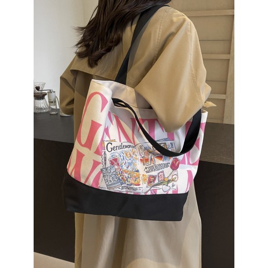 Gentle Woman large-capacity letter-printed canvas tote bag for women, 2025 new fashionable and versatile single-shoulder bag