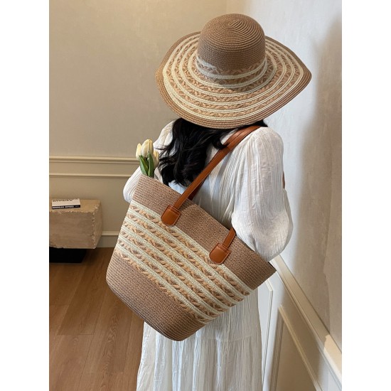 2025 new color-blocking beach resort bag, straw woven bag, large-capacity fashionable and versatile single-shoulder tote bag 2025 new color-blocking beach resort bag, straw woven bag, large-capacity fashionable and versatile single-shoulder tote bag